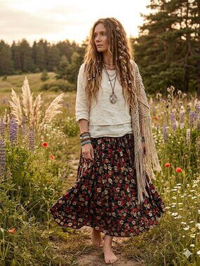 Essentials Floral Black Midi Skirt with Red and Cream Blooms